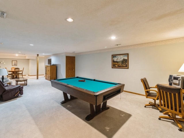 playroom featuring billiards and light carpet