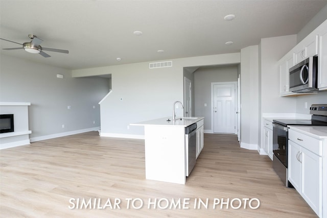 kitchen with a sink, visible vents, white cabinetry, ceiling fan, and appliances with stainless steel finishes