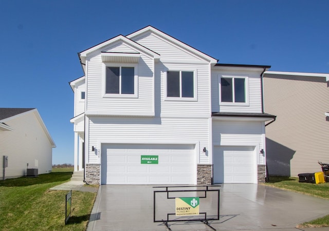 view of front of property with stone siding, an attached garage, driveway, and cooling unit