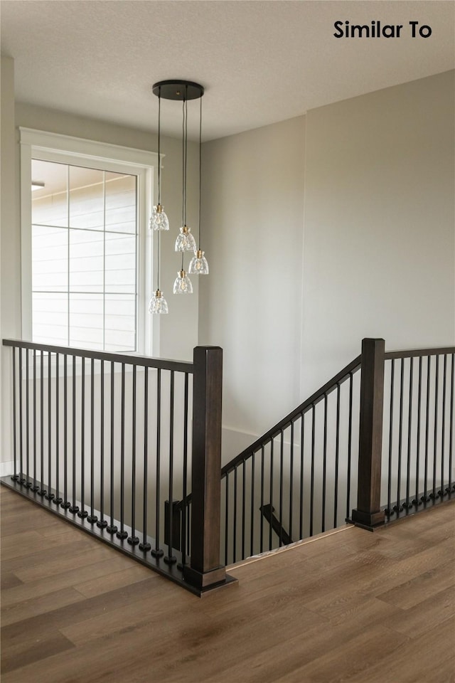 stairway featuring wood finished floors and a textured ceiling