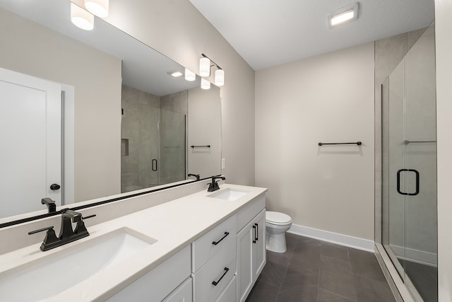 bathroom with tile patterned floors, vanity, toilet, and an enclosed shower