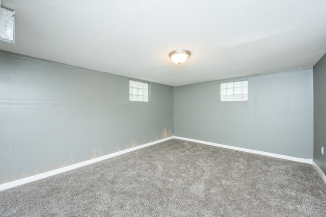 basement featuring a textured ceiling and carpet flooring