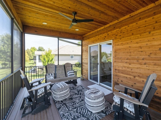 sunroom / solarium featuring ceiling fan and wood ceiling