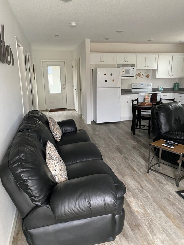 living area with a textured ceiling, baseboards, and wood finished floors