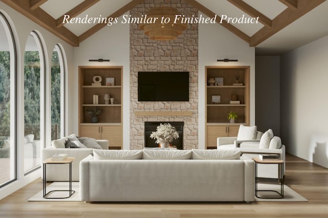 living room with high vaulted ceiling, light wood-type flooring, beamed ceiling, and a stone fireplace