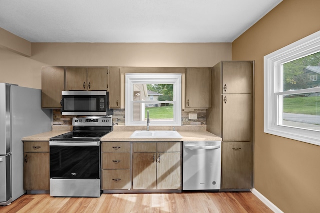 kitchen featuring stainless steel appliances, sink, tasteful backsplash, and light hardwood / wood-style flooring