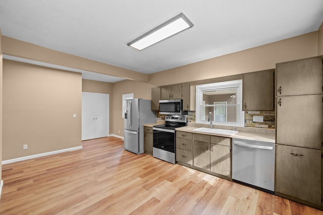 kitchen with light hardwood / wood-style flooring, appliances with stainless steel finishes, tasteful backsplash, and sink