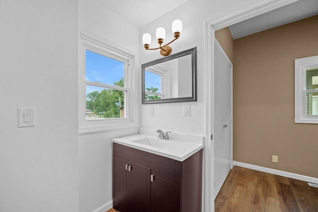 bathroom featuring vanity and hardwood / wood-style flooring