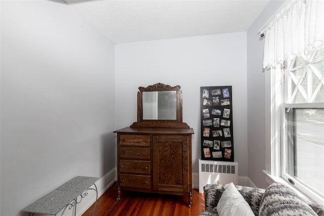 interior space featuring vaulted ceiling, radiator heating unit, and dark hardwood / wood-style floors