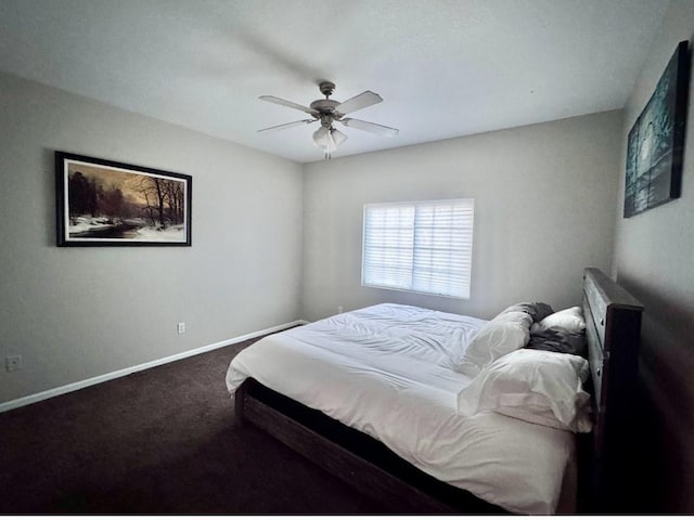 bedroom featuring carpet flooring, ceiling fan, and baseboards