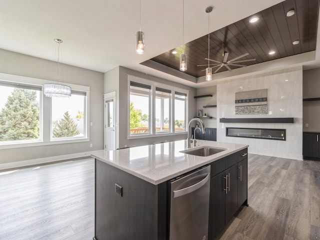 kitchen featuring hardwood / wood-style floors, sink, a fireplace, stainless steel dishwasher, and a tray ceiling