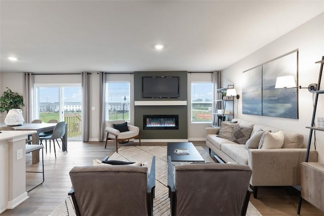 living room featuring plenty of natural light, baseboards, wood finished floors, and a glass covered fireplace