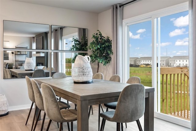 dining space featuring light wood finished floors and baseboards