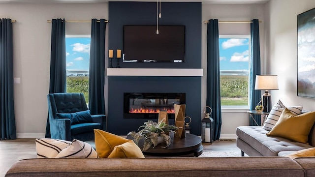 living area with baseboards, wood finished floors, and a glass covered fireplace