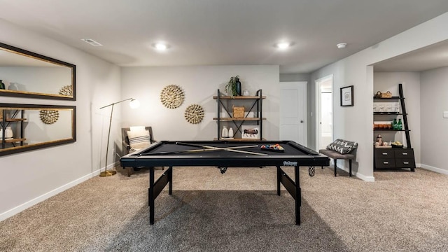 playroom with pool table, carpet flooring, visible vents, and baseboards