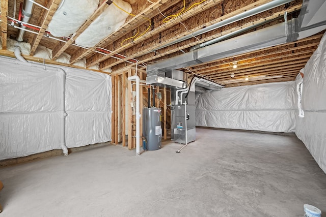 basement with heating unit and water heater