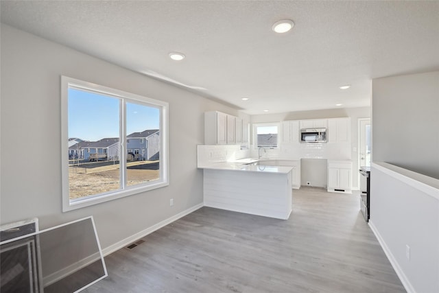 kitchen with white cabinetry, light hardwood / wood-style floors, kitchen peninsula, backsplash, and sink