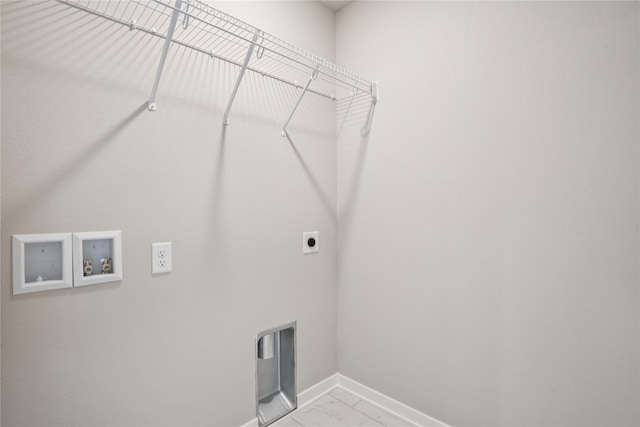 18025 Alpine Dr, Clive, IA 50325 - laundry area featuring electric dryer hookup, washer hookup, baseboards, and light marble finish flooring