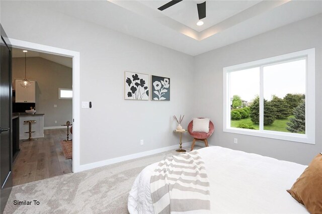 bedroom with ceiling fan and carpet floors