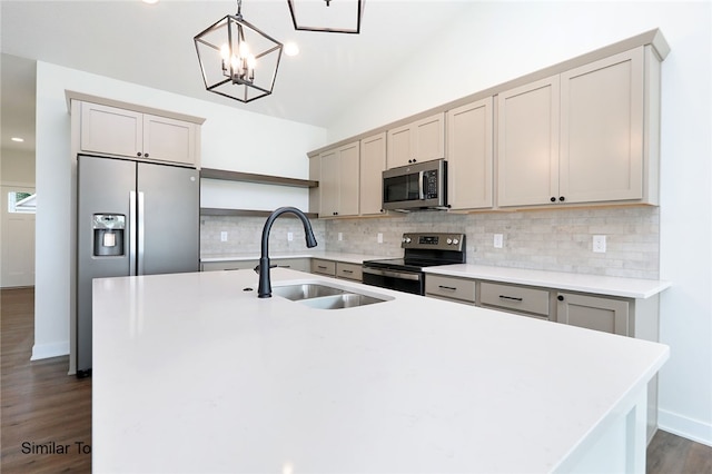 kitchen featuring dark hardwood / wood-style floors, a center island with sink, tasteful backsplash, stainless steel appliances, and sink