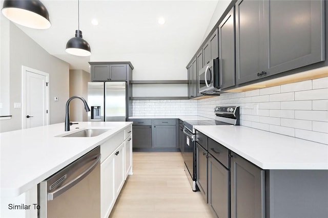 kitchen with a sink, open shelves, tasteful backsplash, appliances with stainless steel finishes, and light countertops