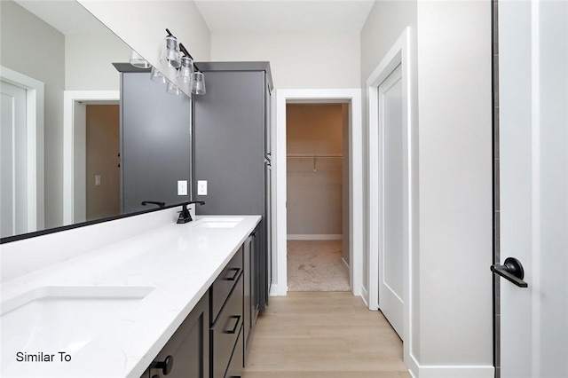 full bath featuring a sink, double vanity, wood finished floors, and a spacious closet