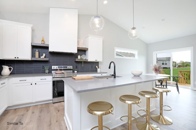 kitchen with light hardwood / wood-style flooring, vaulted ceiling, stainless steel electric stove, sink, and tasteful backsplash