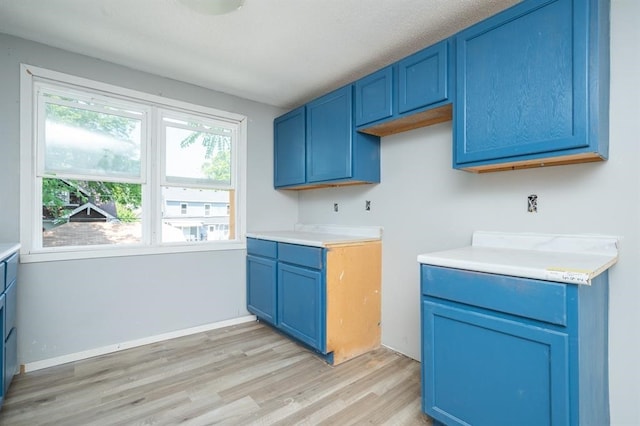 kitchen with light hardwood / wood-style floors and blue cabinetry