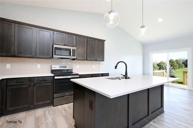 kitchen featuring light wood-type flooring, sink, decorative backsplash, appliances with stainless steel finishes, and a center island with sink