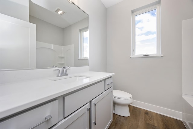 bathroom with vanity, wood-type flooring, and toilet