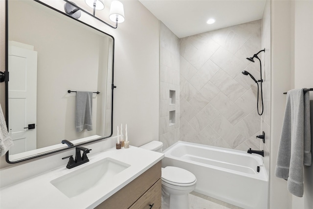 full bath with shower / bathing tub combination, vanity, and toilet