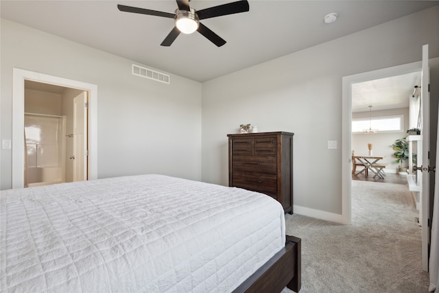 bedroom featuring ceiling fan and light colored carpet