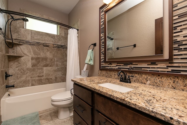 full bathroom featuring vanity, toilet, shower / tub combo with curtain, and tile patterned flooring