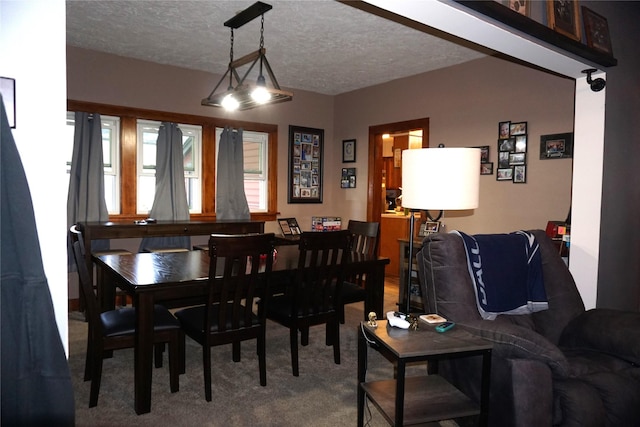 dining room with a textured ceiling and carpet floors