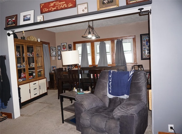 living room with carpet and a textured ceiling