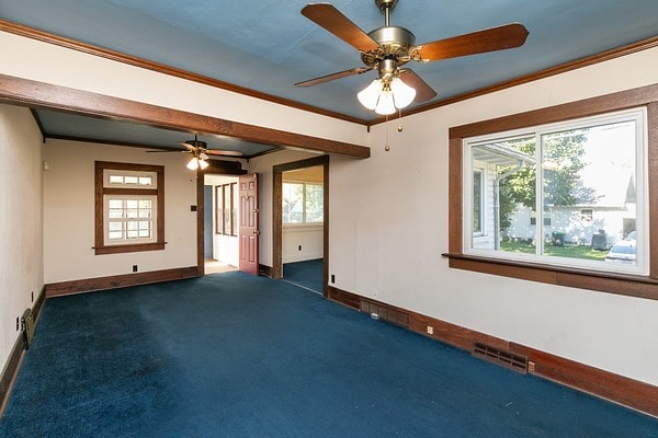 spare room featuring carpet and ceiling fan