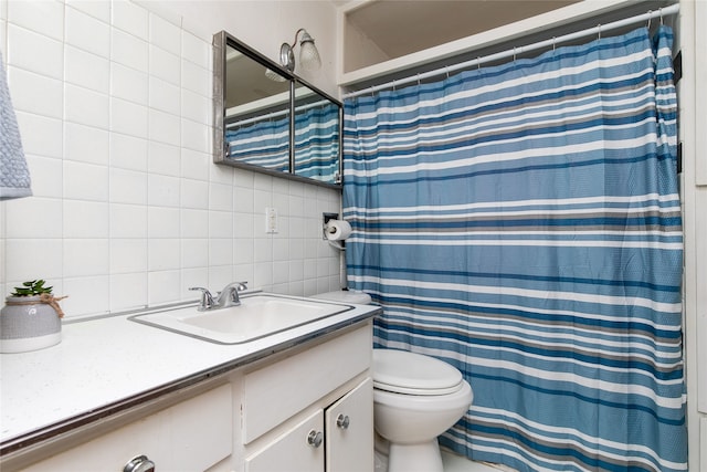 bathroom featuring vanity, walk in shower, tile walls, toilet, and decorative backsplash