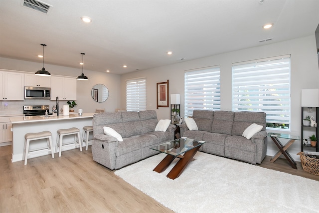 living room featuring light hardwood / wood-style flooring and sink