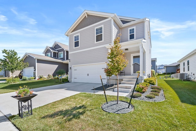 view of front of home with cooling unit, an attached garage, concrete driveway, and a front lawn