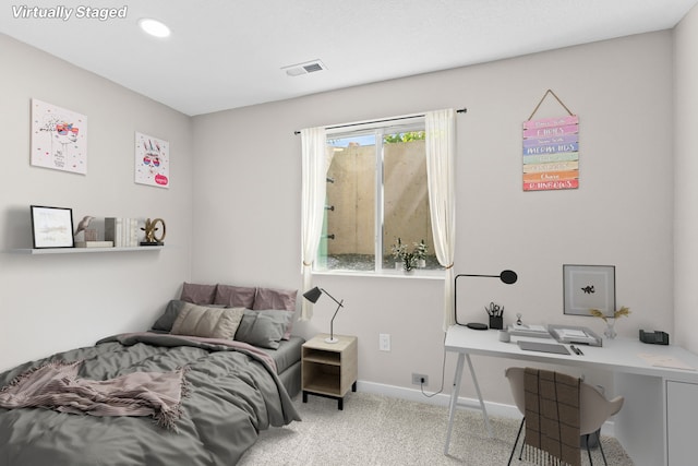 bedroom featuring visible vents, recessed lighting, baseboards, and carpet floors