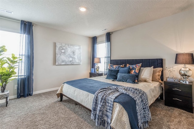 bedroom featuring carpet flooring and a textured ceiling