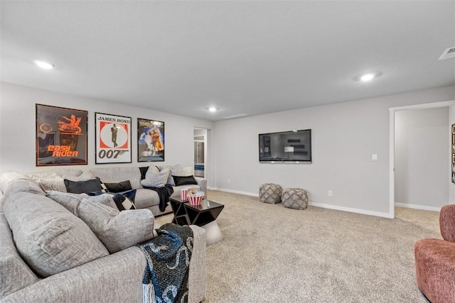 living area with recessed lighting, carpet flooring, visible vents, and baseboards