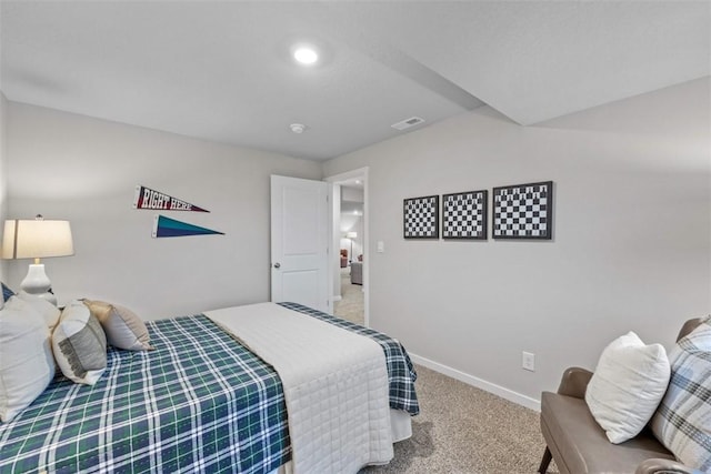 carpeted bedroom featuring recessed lighting, visible vents, and baseboards