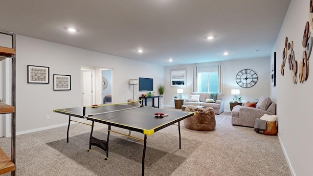 game room featuring recessed lighting, carpet flooring, and baseboards