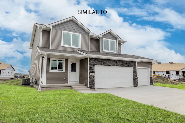 craftsman inspired home featuring central air condition unit, a front lawn, and a garage