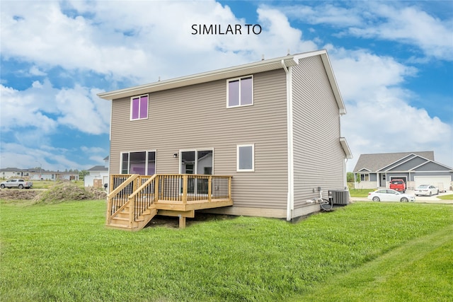 back of property featuring cooling unit, a deck, and a yard