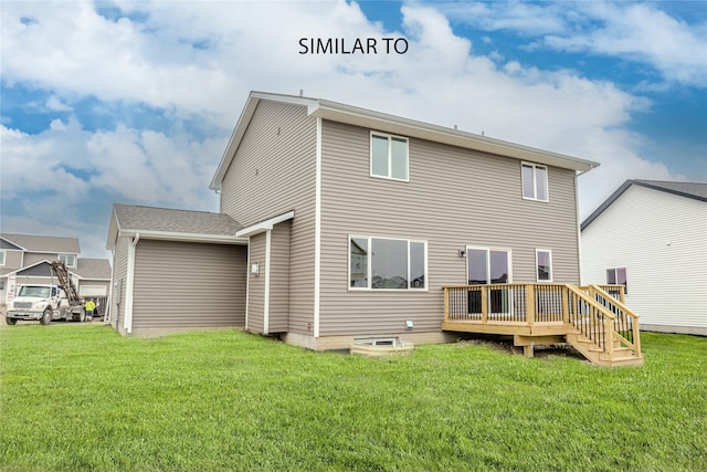 back of house with a wooden deck and a yard