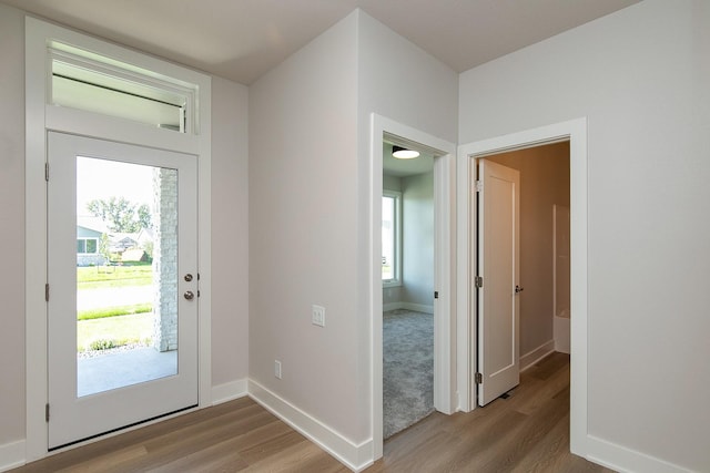 entryway featuring baseboards and wood finished floors