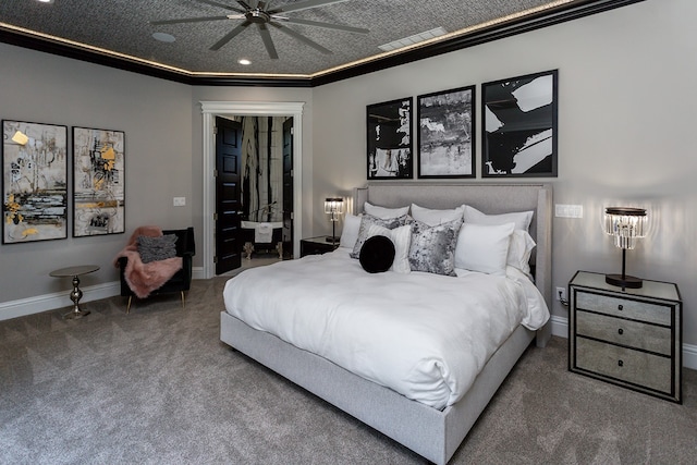 carpeted bedroom with ceiling fan, ornamental molding, and a textured ceiling