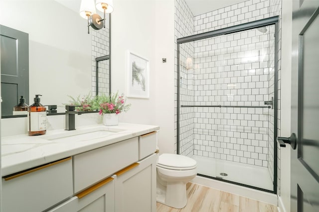 bathroom featuring vanity, toilet, a shower with door, and wood-type flooring